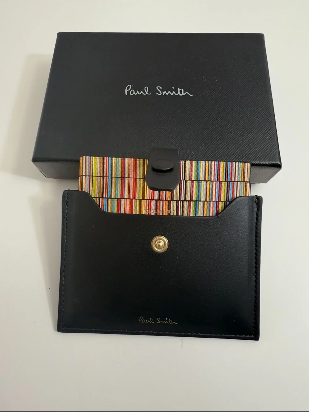 Paul Smith Black Leather Credit Hard Holder With ‘Signature Stripe’ Pull Out